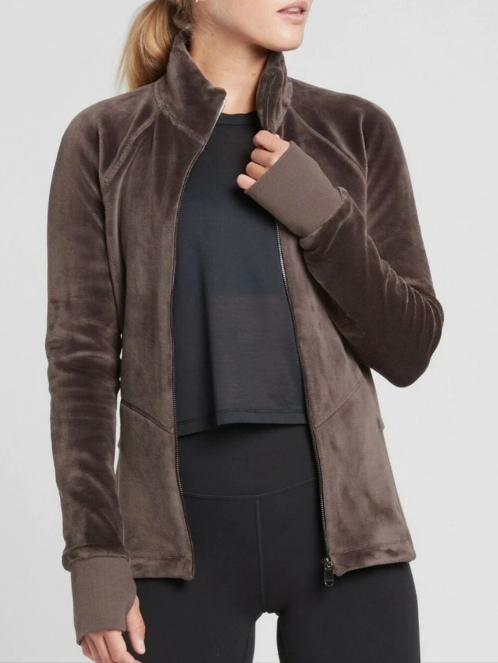 Athleta Women's Cloud Fleece Plush Jacket In SHALE Dark Brown Size Xs